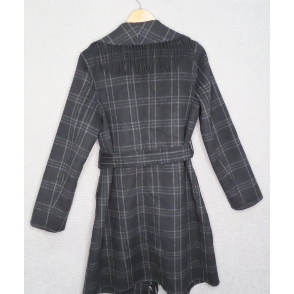 Michael Kors Fringe Belted Wrap Coat Medium Black Light Gray Plaid Wool Blend - Picture 4 of 14